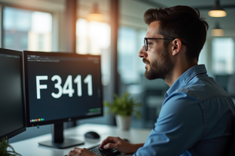 Professionnel informatique concentré sur un écran affichant l'erreur F3411
