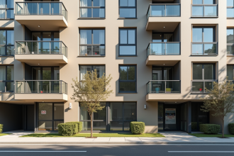 Façade d'un immeuble moderne en ville avec panneaux 'a louer' barrés