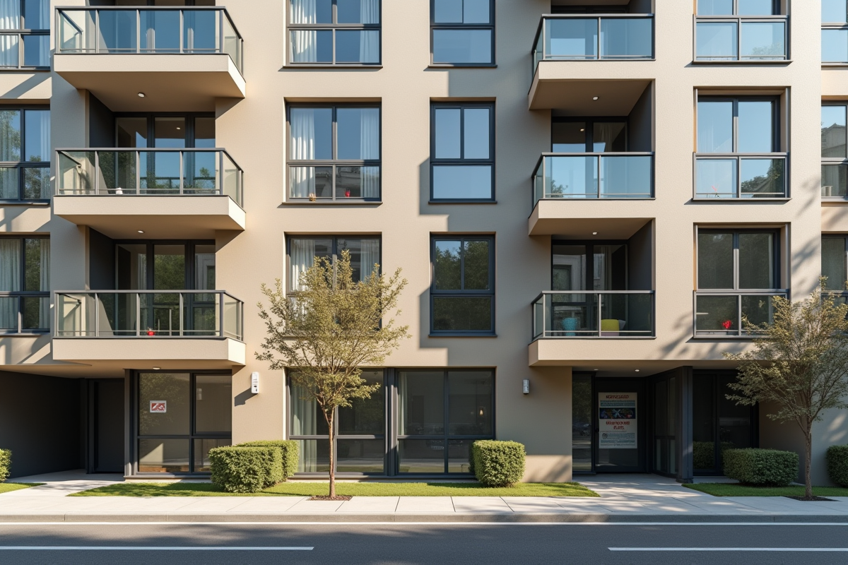 Façade d'un immeuble moderne en ville avec panneaux 'a louer' barrés