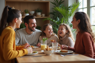 Famille recomposée partageant un repas convivial à table