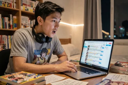 Jeune homme passionné de manga consultant un forum de fans One Piece sur son ordinateur portable dans sa chambre