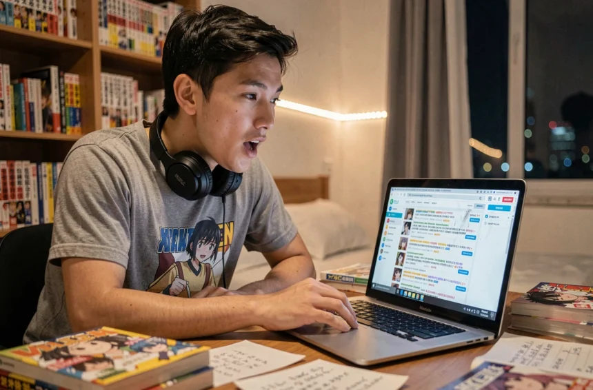 Jeune homme passionné de manga consultant un forum de fans One Piece sur son ordinateur portable dans sa chambre