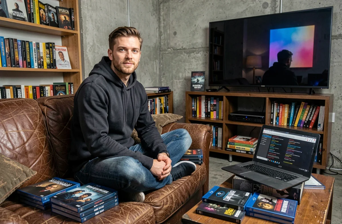 Homme passionné de cinéma entouré de films Resident Evil en Blu-ray classant l'ordre de la saga sur son canapé