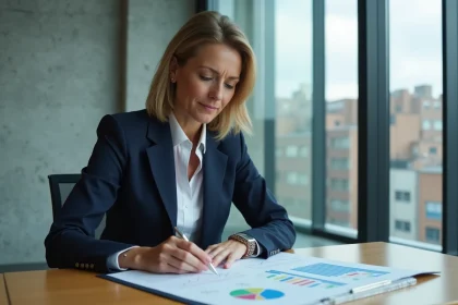 Femme d'affaires confiante en costume navy analyse des graphiques