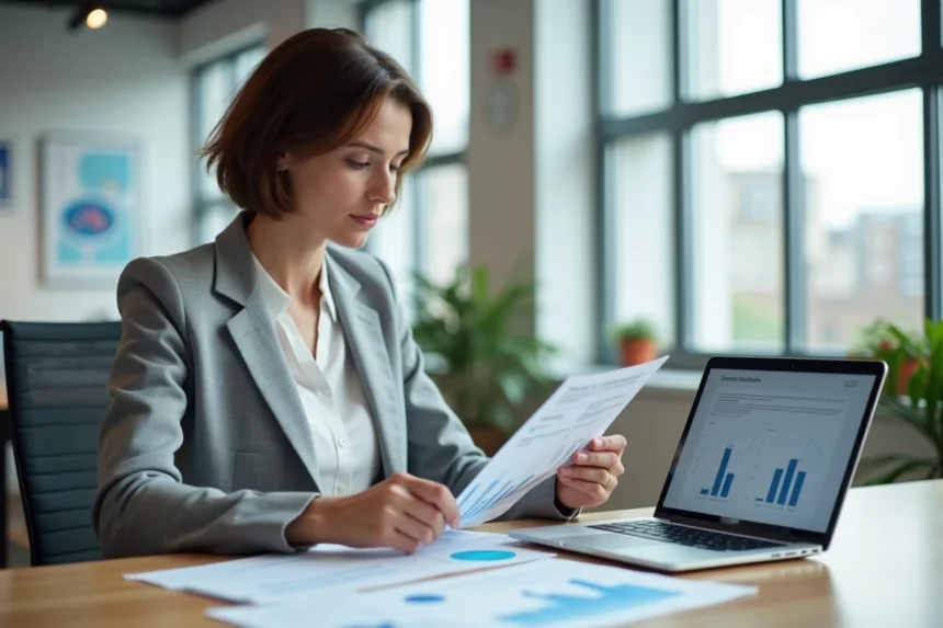 Femme analyste consultant des données statistiques de l'Insee sur des documents imprimés dans un bureau moderne