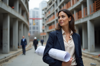 Femme confiante avec plans architecturaux sur un chantier urbain