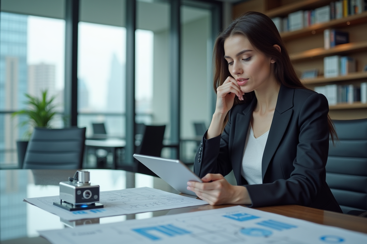 Jeune femme en costume analysant diagramme sur tablette dans bureau
