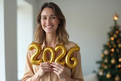 Femme souriante tenant un ballon doré 2026 pour célébrer le Nouvel An avec style