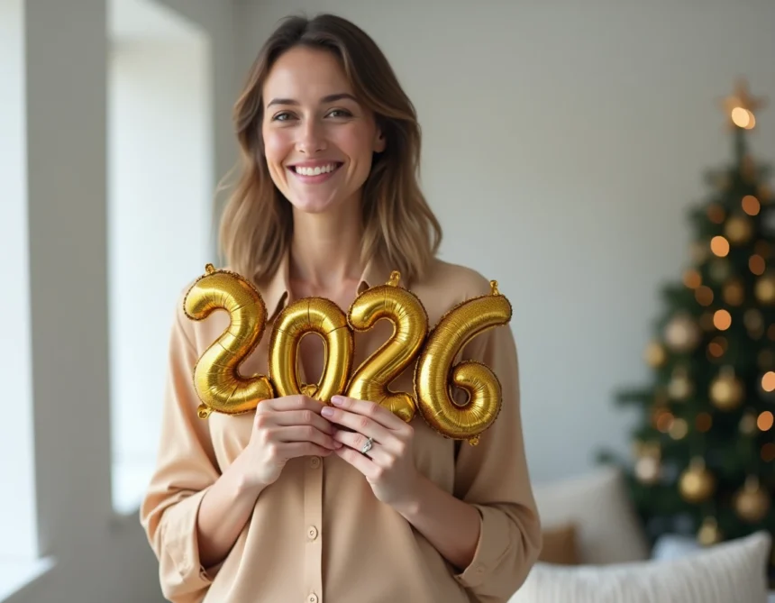 Femme souriante tenant un ballon doré 2026 pour célébrer le Nouvel An avec style