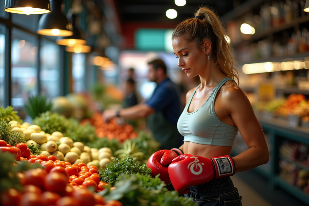 Femme boxeuse choisissant des légumes au marché