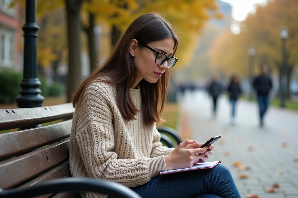 Jeune femme dans un parc regardant son smartphone
