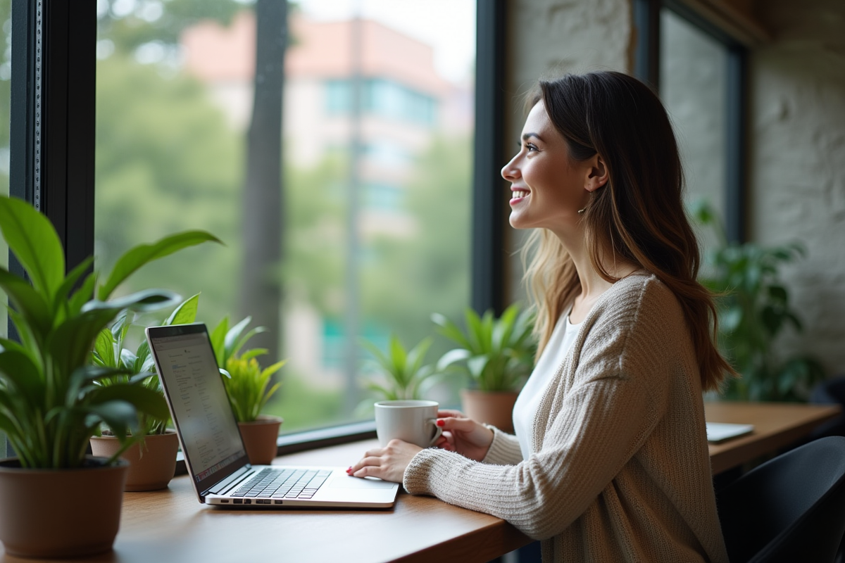 Femme souriante regardant par la fenêtre dans un espace détente