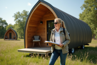Femme examinant une petite cabane en bois dans un champ rural