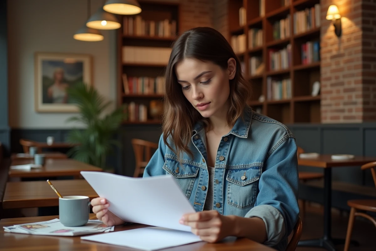 Femme assise au café en train de lire un script de film