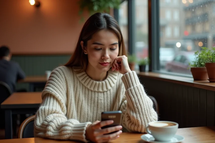 Femme songeuse dans un café regardant son téléphone affichant 15h55, réflexion sur la signification en amour