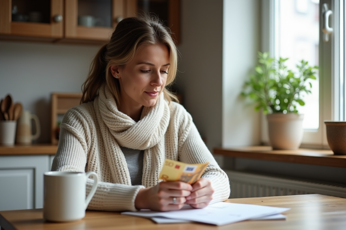 Femme comptant des euros à la maison dans la cuisine