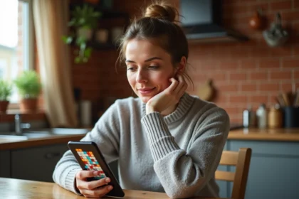 Femme jouant au jeu Codycross sur son smartphone dans une cuisine cosy, cherchant le mot du jour