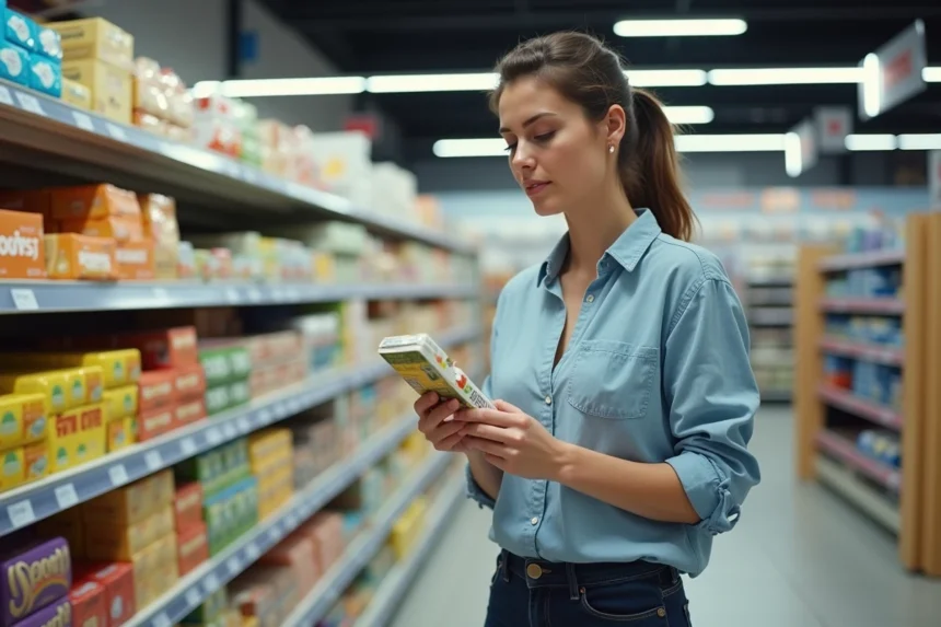 Femme comparant des étiquettes de prix dans un rayon Lidl pour faire des économies sur ses courses