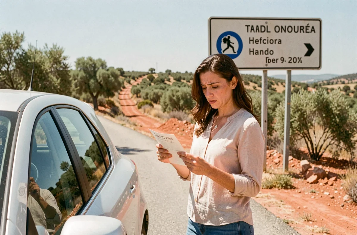 Femme tenant une contravention espagnole au bord d'une route en Espagne, questionnant les conséquences en France