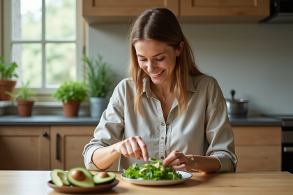 Femme souriante coupant un avocat dans la cuisine chaleureuse
