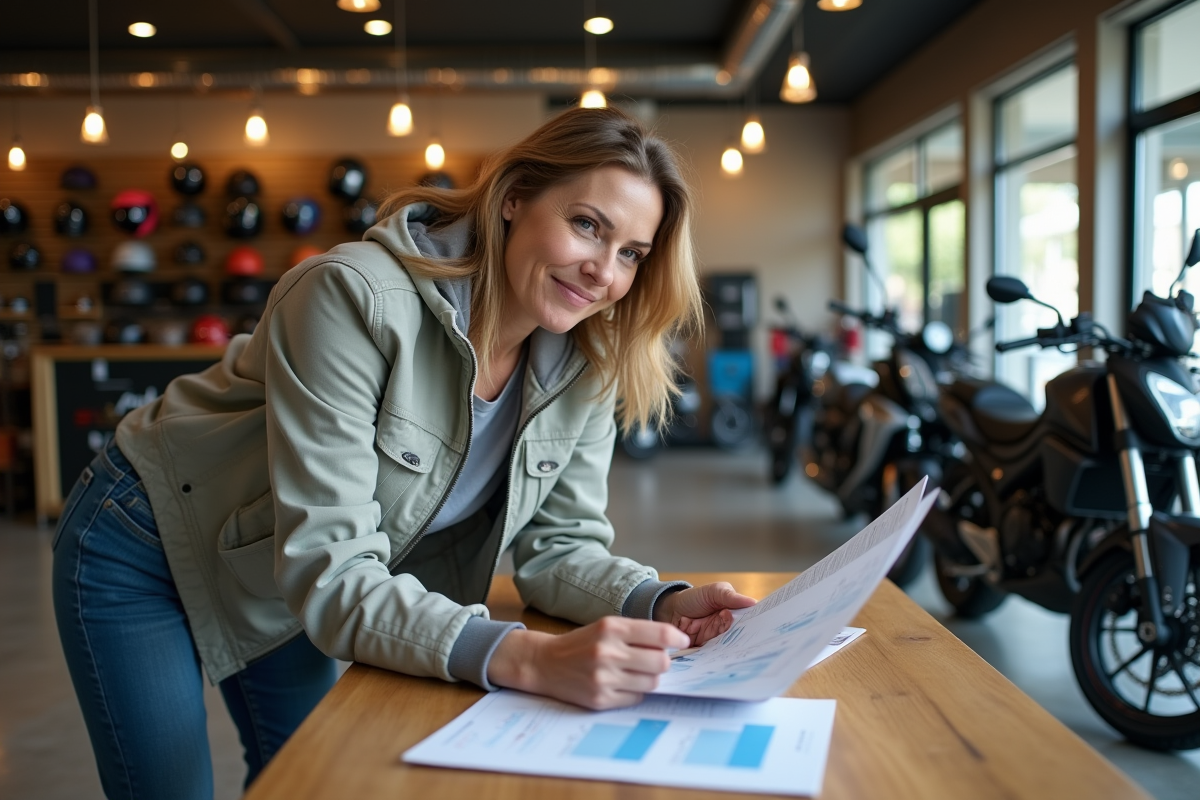 Femme discutant avec un vendeur dans un magasin de motos