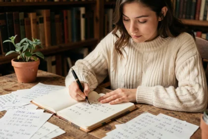 Jeune femme écrivant des chiffres romains dans un carnet sur un bureau en bois, illustrant la conversion de dates en chiffres romains