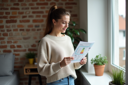 Jeune femme étudiant un certificat énergétique dans son appartement