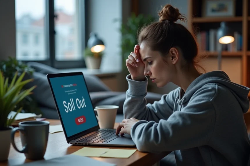 Femme frustrée devant son ordinateur portable après avoir raté une offre du Cyber Monday en 2026