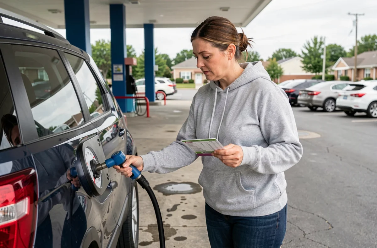 Femme gonflant un pneu de SUV à la station-service en consultant une table de conversion bar en psi sur une carte plastifiée