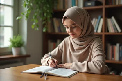 Jeune femme en hijab beige lit le Quran dans un bureau lumineux