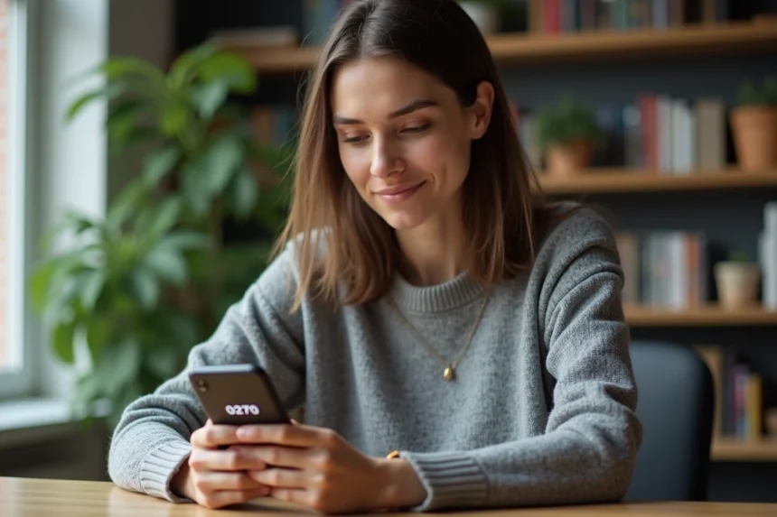 Femme analysant un appel entrant avec l'indicatif 0270 sur son smartphone dans un bureau à domicile