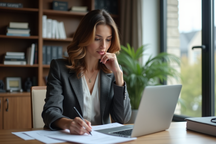Femme d'affaires en bureau étudiant des documents immobiliers européens