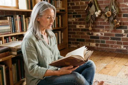 Femme en pleine lecture d'un livre sacré dans un coin lecture chaleureux et intimiste, spiritualité personnelle au quotidien
