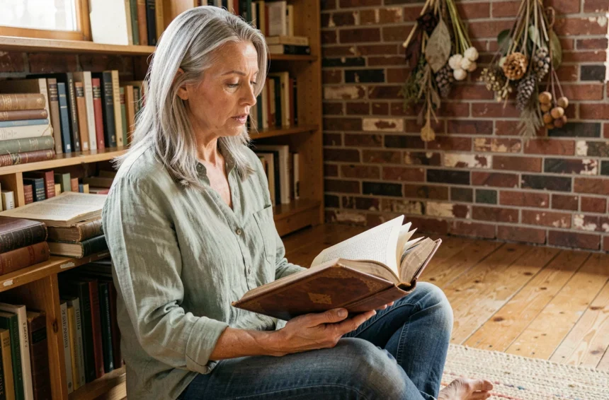 Femme en pleine lecture d'un livre sacré dans un coin lecture chaleureux et intimiste, spiritualité personnelle au quotidien