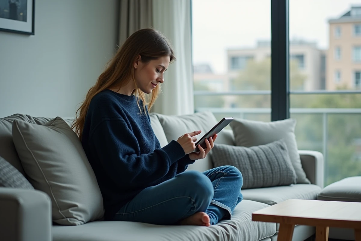 Femme lisant un manga en version française sur une tablette numérique dans un salon moderne