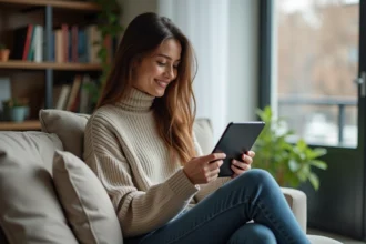 Femme lisant un ebook dans un salon cosy