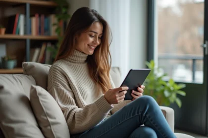 Femme lisant un ebook dans un salon cosy