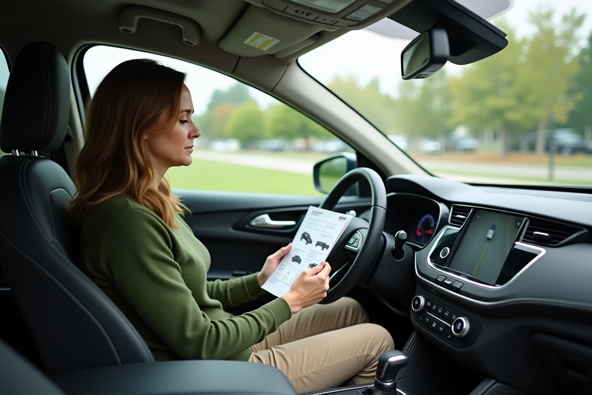 Femme lisant un manuel de camera de secours dans son SUV