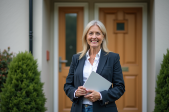 Femme confiante entre deux maisons de banlieue