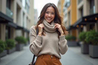 Femme élégante en ville portant pantalon haut et pull doux