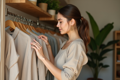 Jeune femme examine étiquette vêtement mode durable