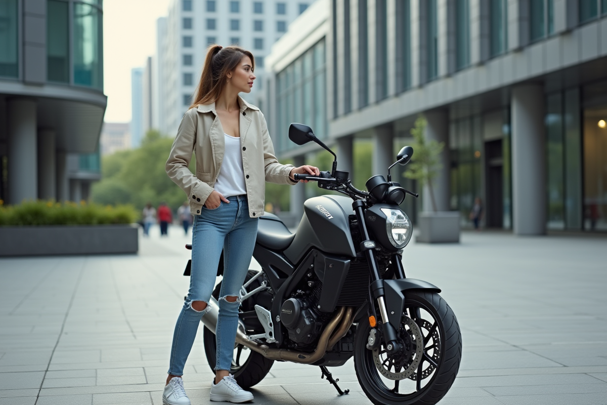 Femme avec moto dans une place urbaine