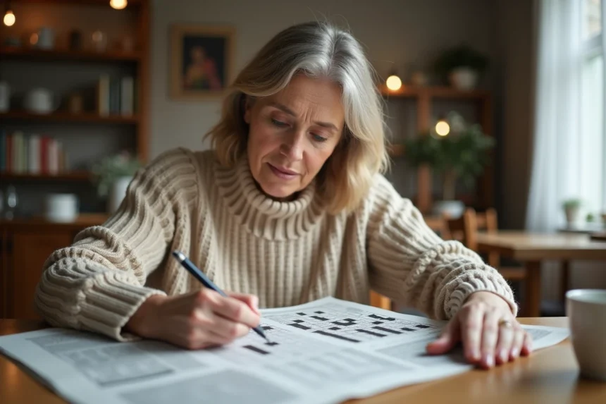 Femme qui résout des mots croisés avec un stylo sur un journal posé sur une table en bois