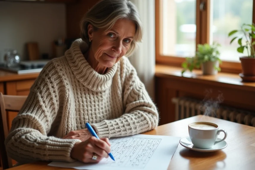 Femme résolvant des mots fléchés sur cantons suisses à une table en bois avec un café