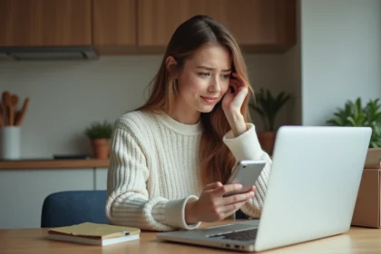 Jeune femme avec ordinateur dans une cuisine moderne