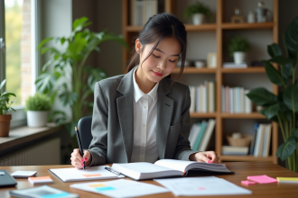 Jeune femme organisant des notes dans un bureau moderne