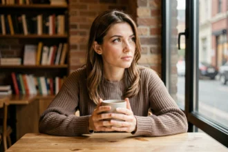 Femme pensive dans un café tenant une tasse, illustrant les erreurs d'interprétation sur les flammes jumelles et les dates de naissance
