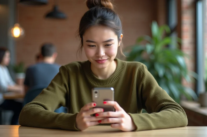 Jeune femme perplexe lisant des emojis sur son smartphone au bureau, illustrant les erreurs d'interprétation des emojis dans les messages numériques