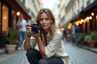 Photographe femme française accroupie dans une rue pavée parisienne, tenant un appareil photo reflex avec une expression concentrée, immeubles haussmanniens en arrière-plan