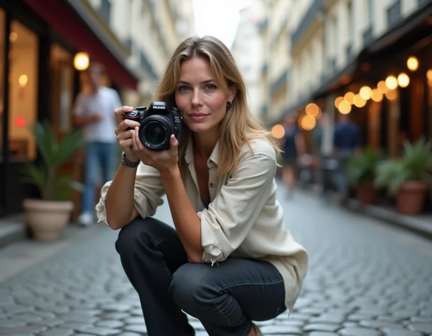 Photographe femme française accroupie dans une rue pavée parisienne, tenant un appareil photo reflex avec une expression concentrée, immeubles haussmanniens en arrière-plan